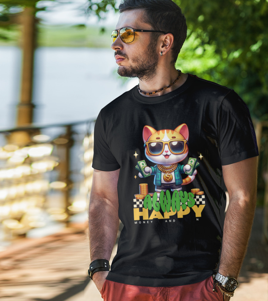 Always Happy Money And Fun Cool Cat With Sunglasses And Cash T-Shirt