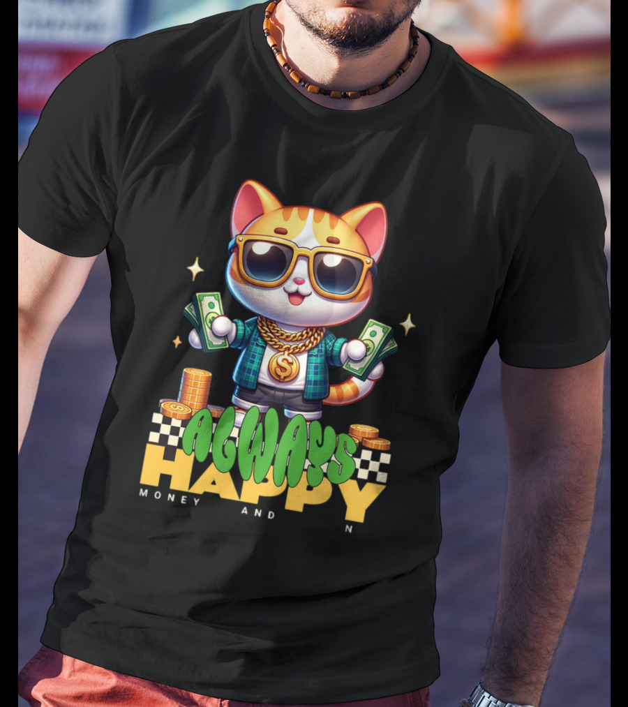 Always Happy Money And Fun Cool Cat With Sunglasses And Cash T-Shirt