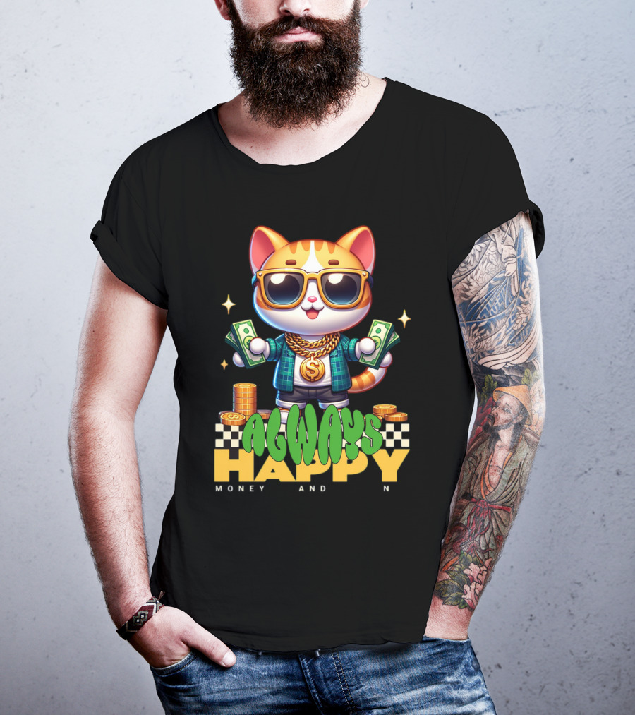 Always Happy Money And Fun Cool Cat With Sunglasses And Cash T-Shirt