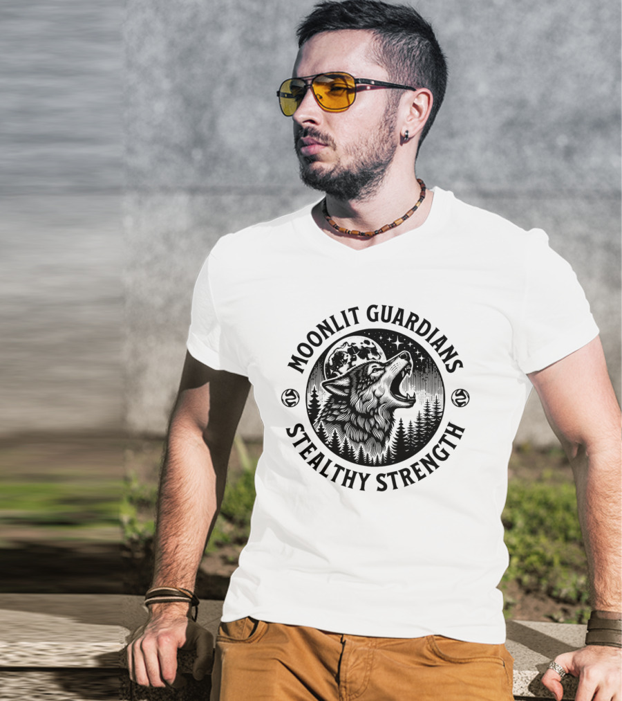 Moonlit Guardians Stealthy Strength Wolf Under Moon And Stars T-Shirt