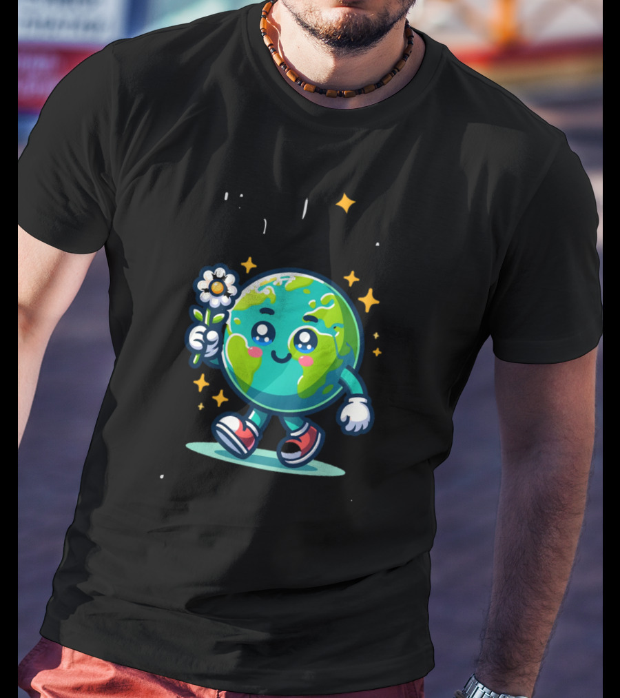 Be Kind To Our Planet And To Others Cute Earth Character With Flower And Stars T-Shirt