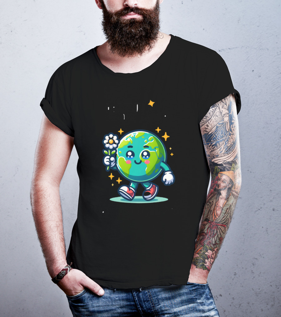 Be Kind To Our Planet And To Others Cute Earth Character With Flower And Stars T-Shirt