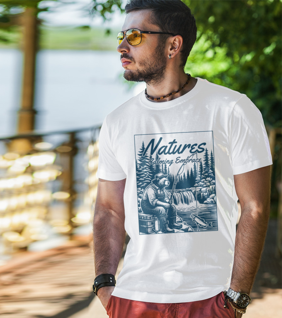 Natures Calming Embrace Bear Fishing By Waterfall T-Shirt
