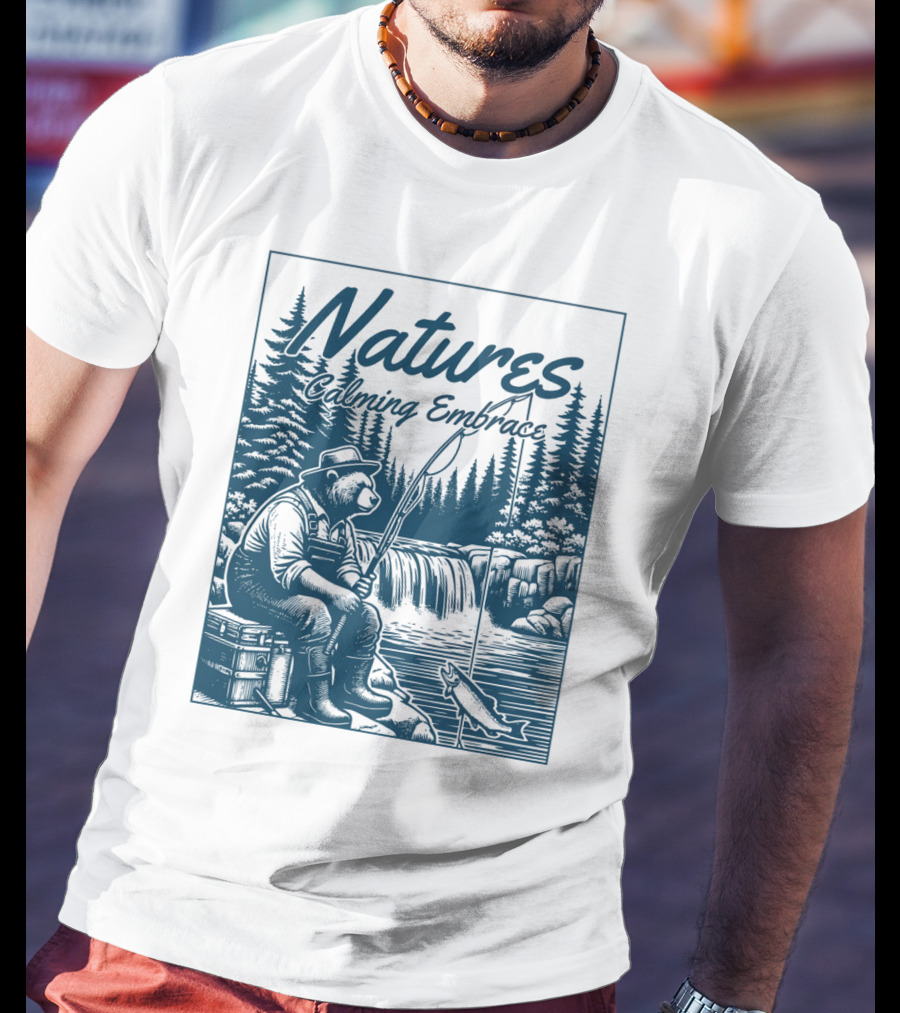 Natures Calming Embrace Bear Fishing By Waterfall T-Shirt