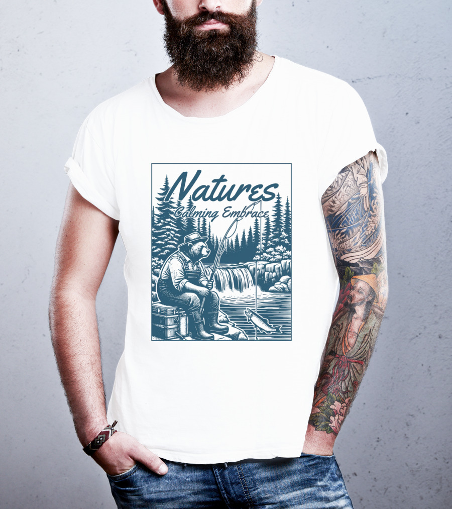 Natures Calming Embrace Bear Fishing By Waterfall T-Shirt