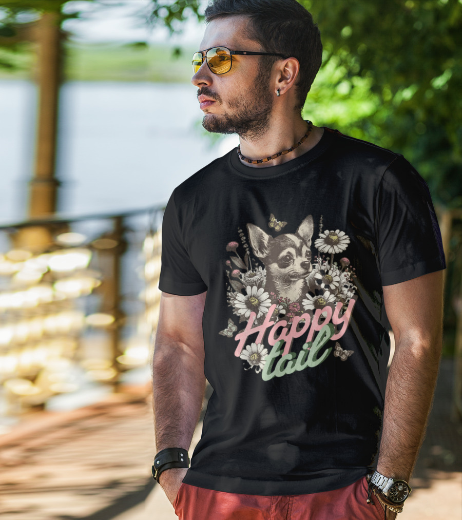 Chihuahua Dog Among Flowers Vintage Happy Tail Butterfly Daisies T-Shirt