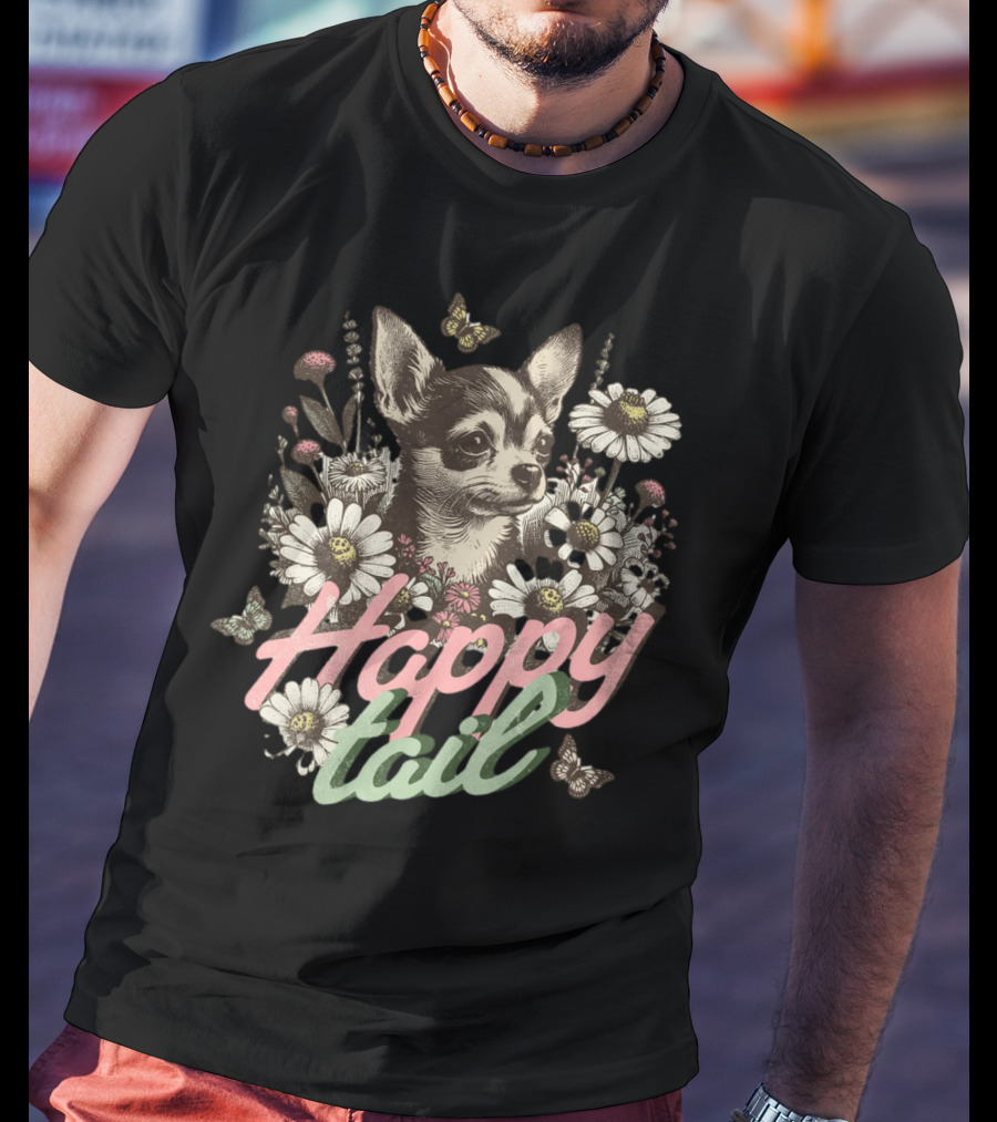 Chihuahua Dog Among Flowers Vintage Happy Tail Butterfly Daisies T-Shirt