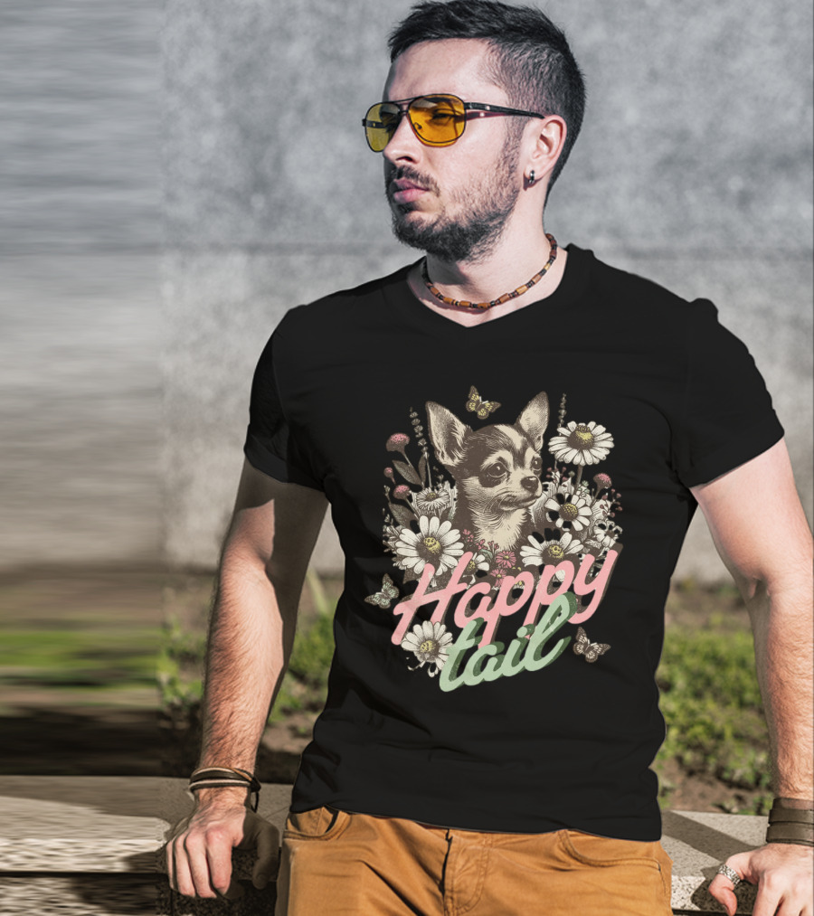 Chihuahua Dog Among Flowers Vintage Happy Tail Butterfly Daisies T-Shirt