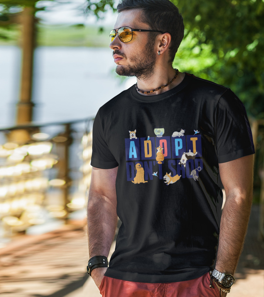 Adopt Don't Shop Cute Animal Design With Cats, Dogs, Fish, And Birds T-Shirt