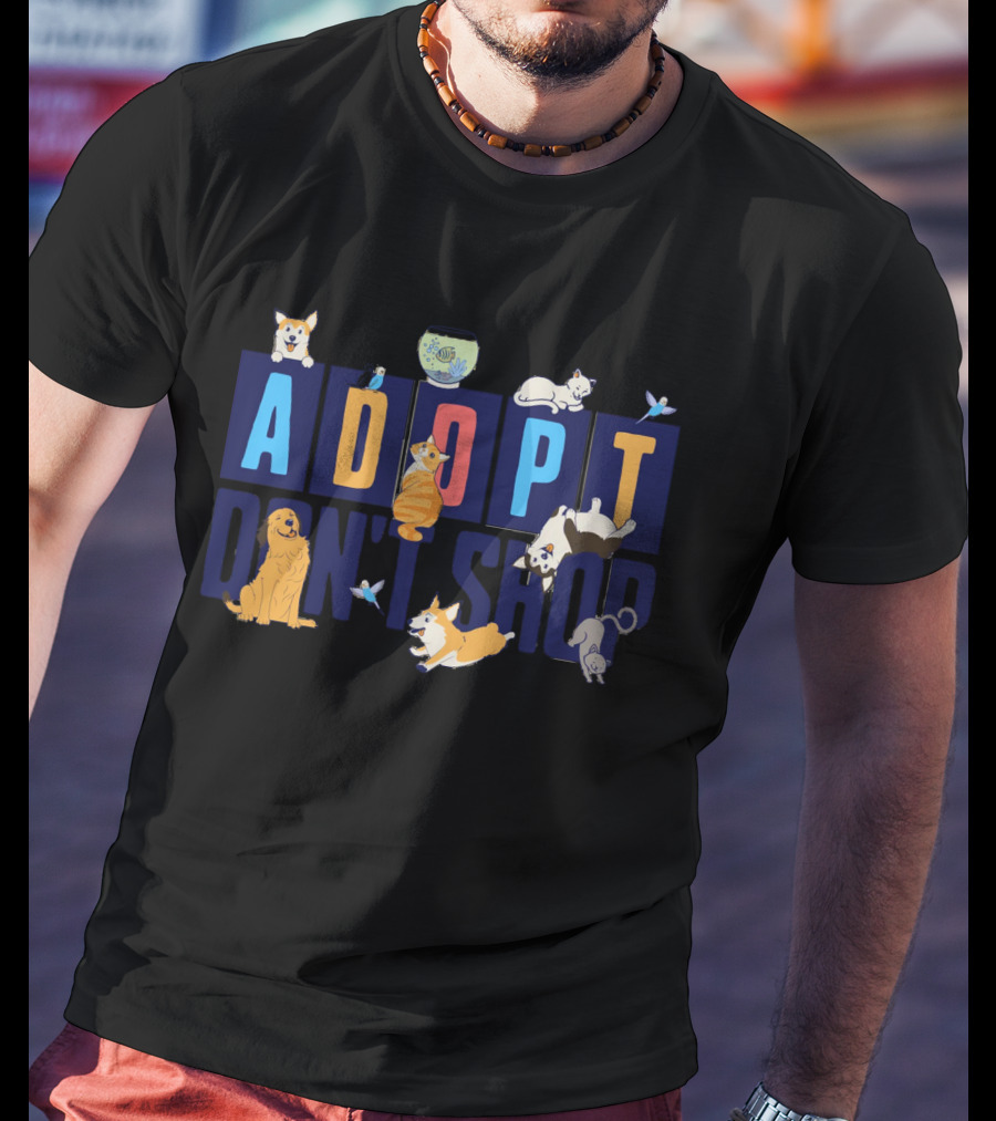 Adopt Don't Shop Cute Animal Design With Cats, Dogs, Fish, And Birds T-Shirt