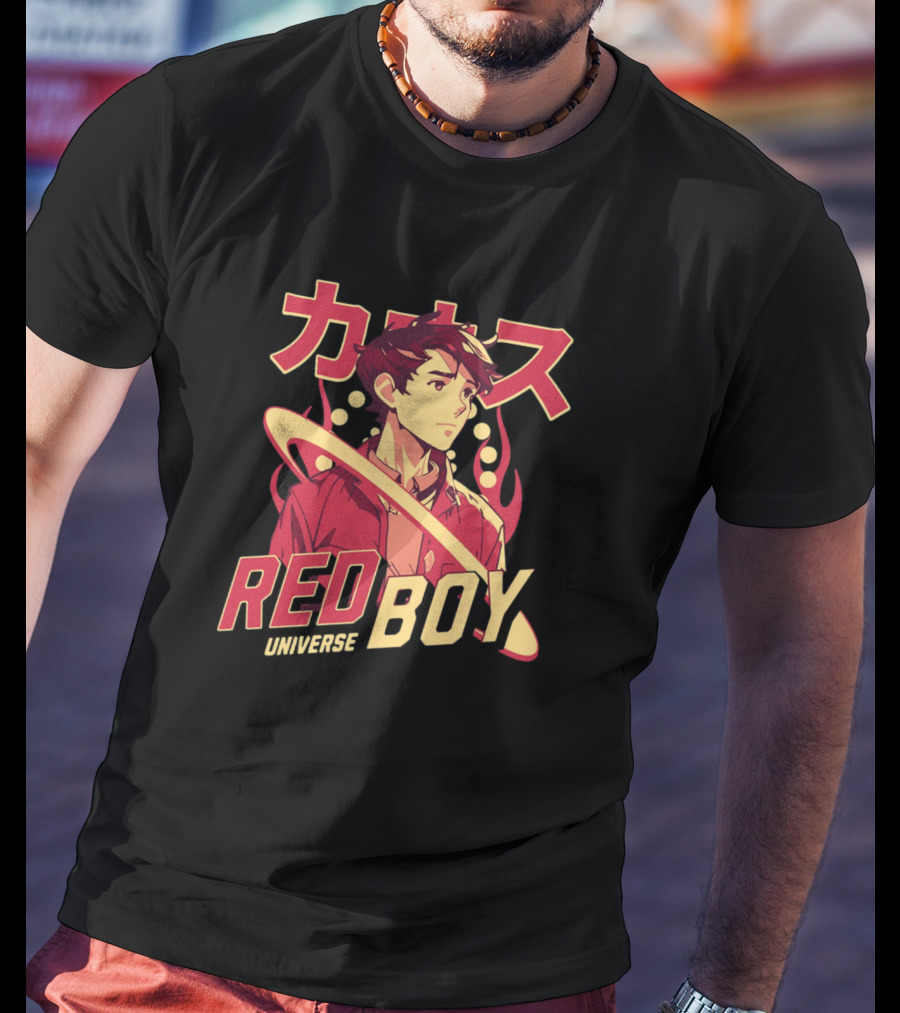 Red Boy Universe Anime Style Japanese Text Planet Ring T-Shirt