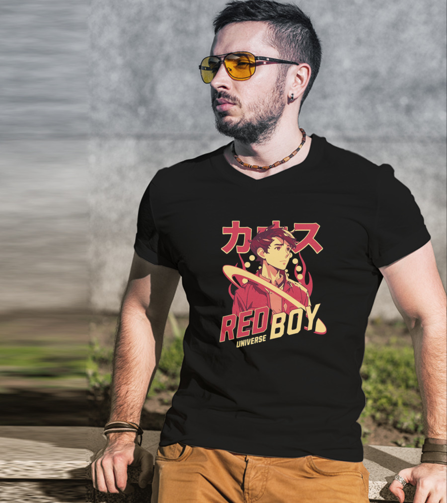 Red Boy Universe Anime Style Japanese Text Planet Ring T-Shirt