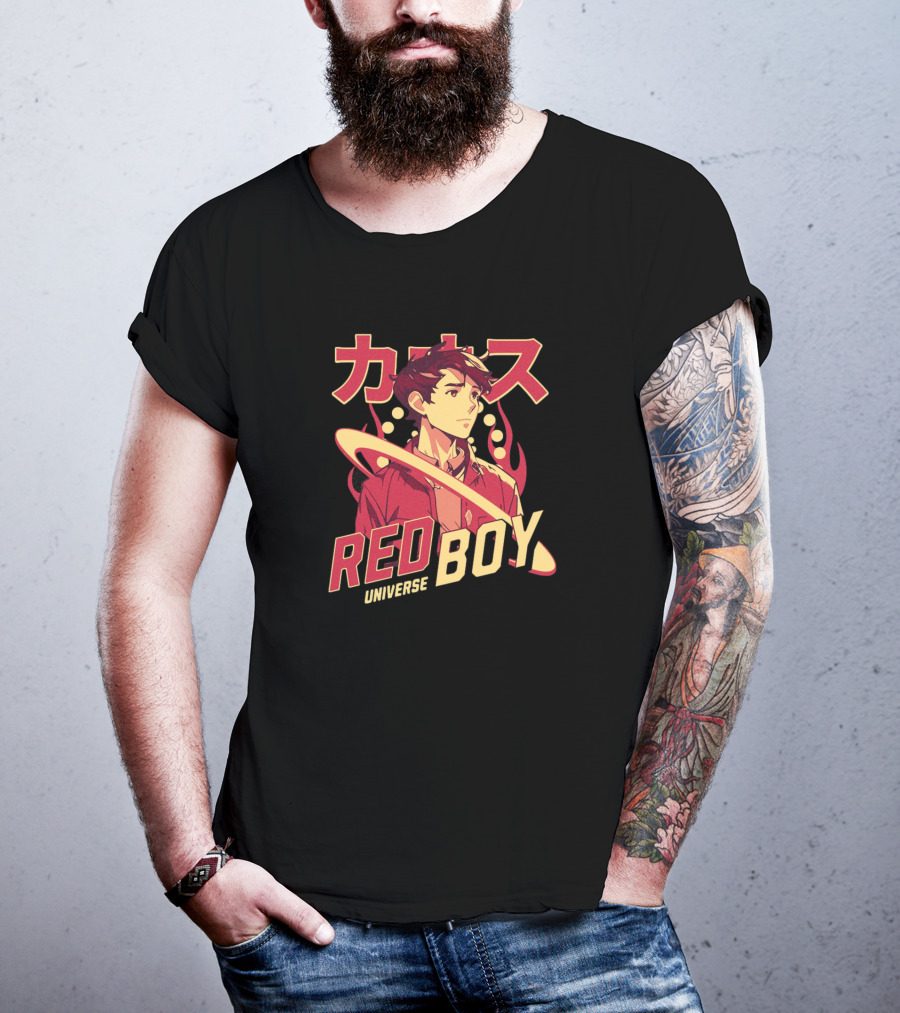 Red Boy Universe Anime Style Japanese Text Planet Ring T-Shirt
