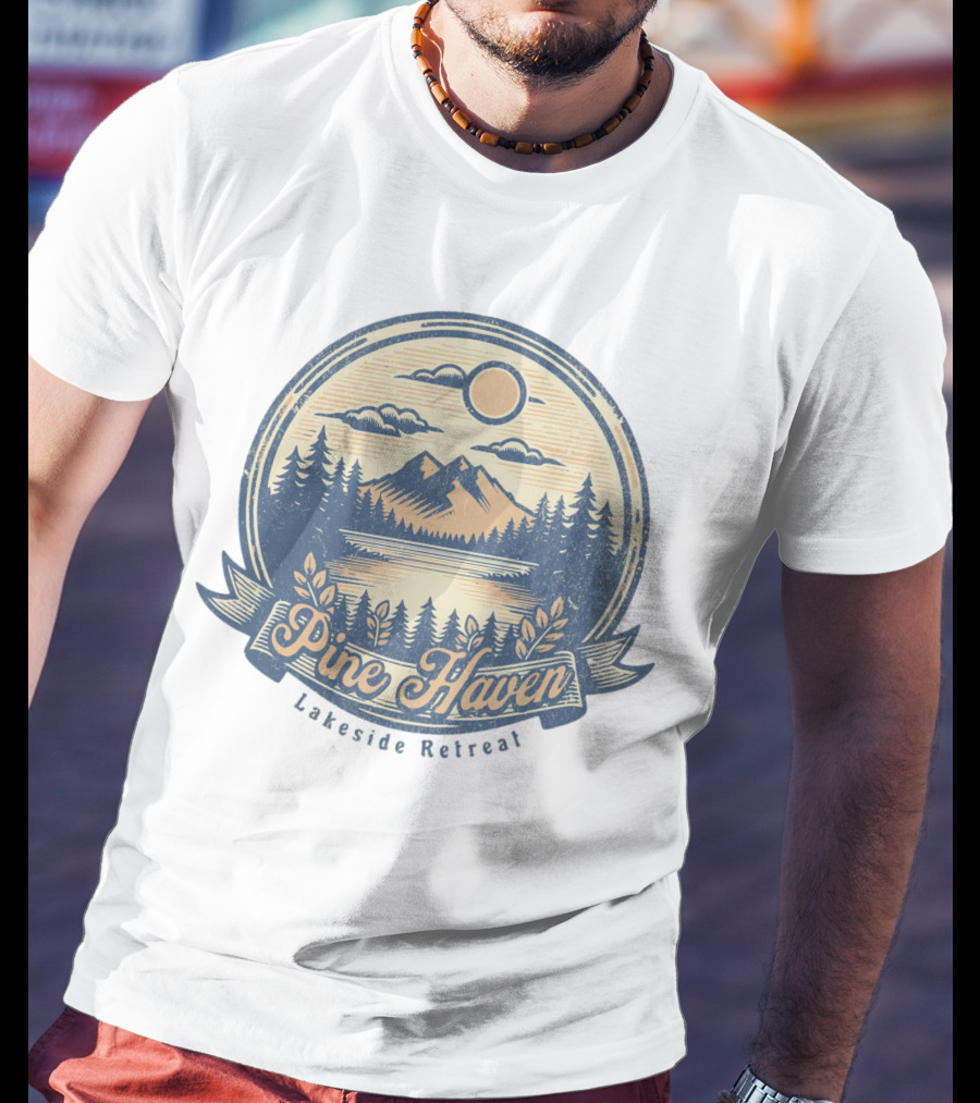 Pine Haven Lakeside Retreat Scenic Mountain Forest Vintage Emblem T-Shirt