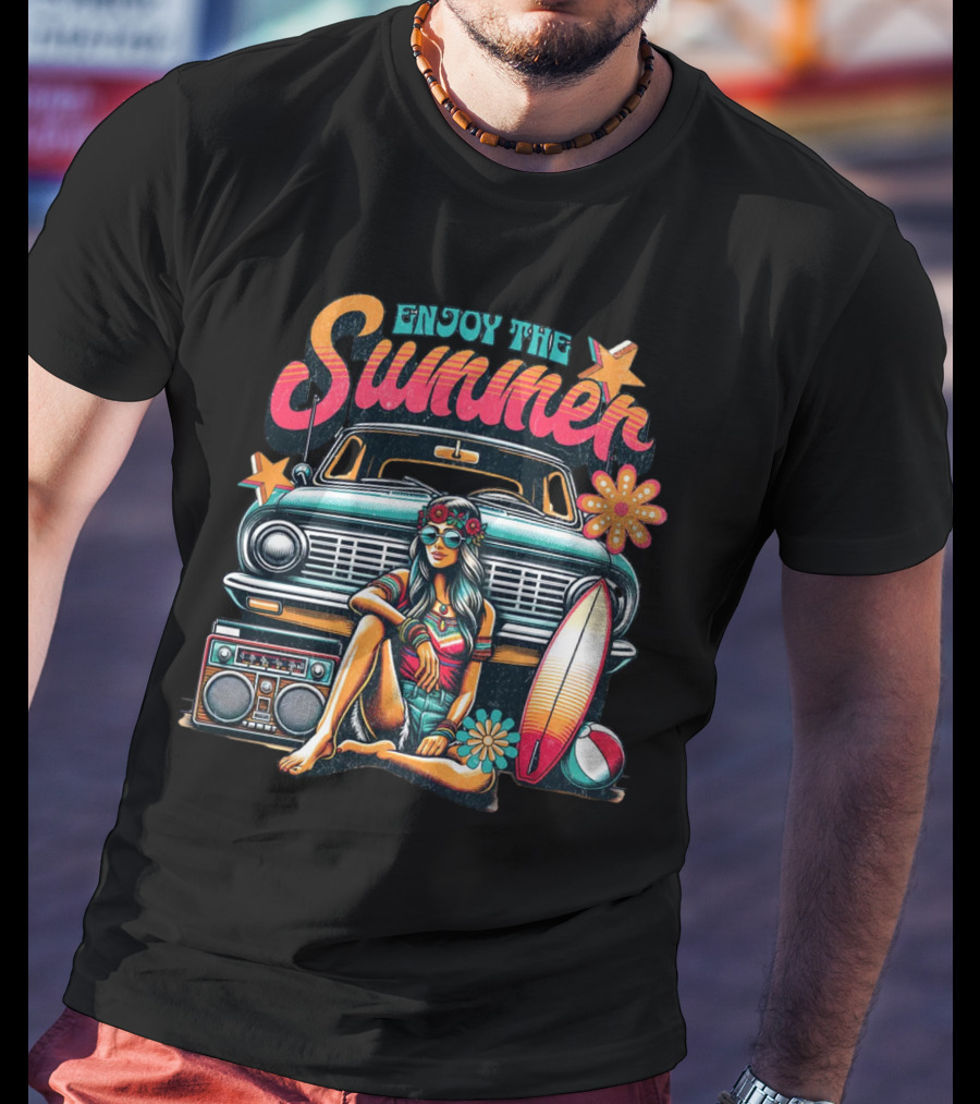 Enjoy The Summer Hippie Girl Surf Van Beach Vibes Vintage Boombox T-Shirt