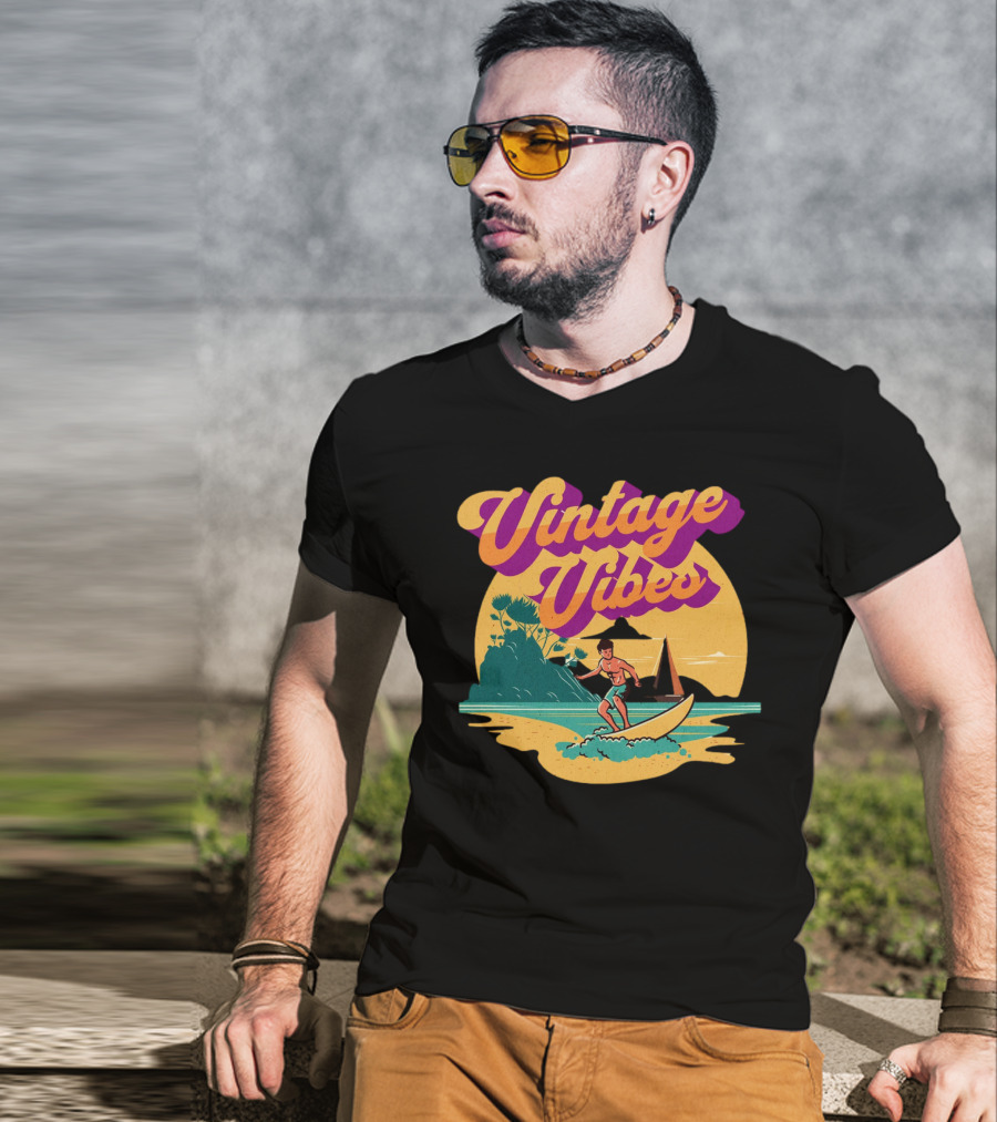 Vintage Vibes Retro Surfing Adventure Sunset Scene T-Shirt