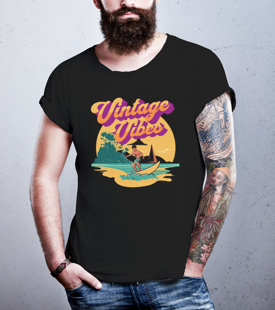 Vintage Vibes Retro Surfing Adventure Sunset Scene T-Shirt