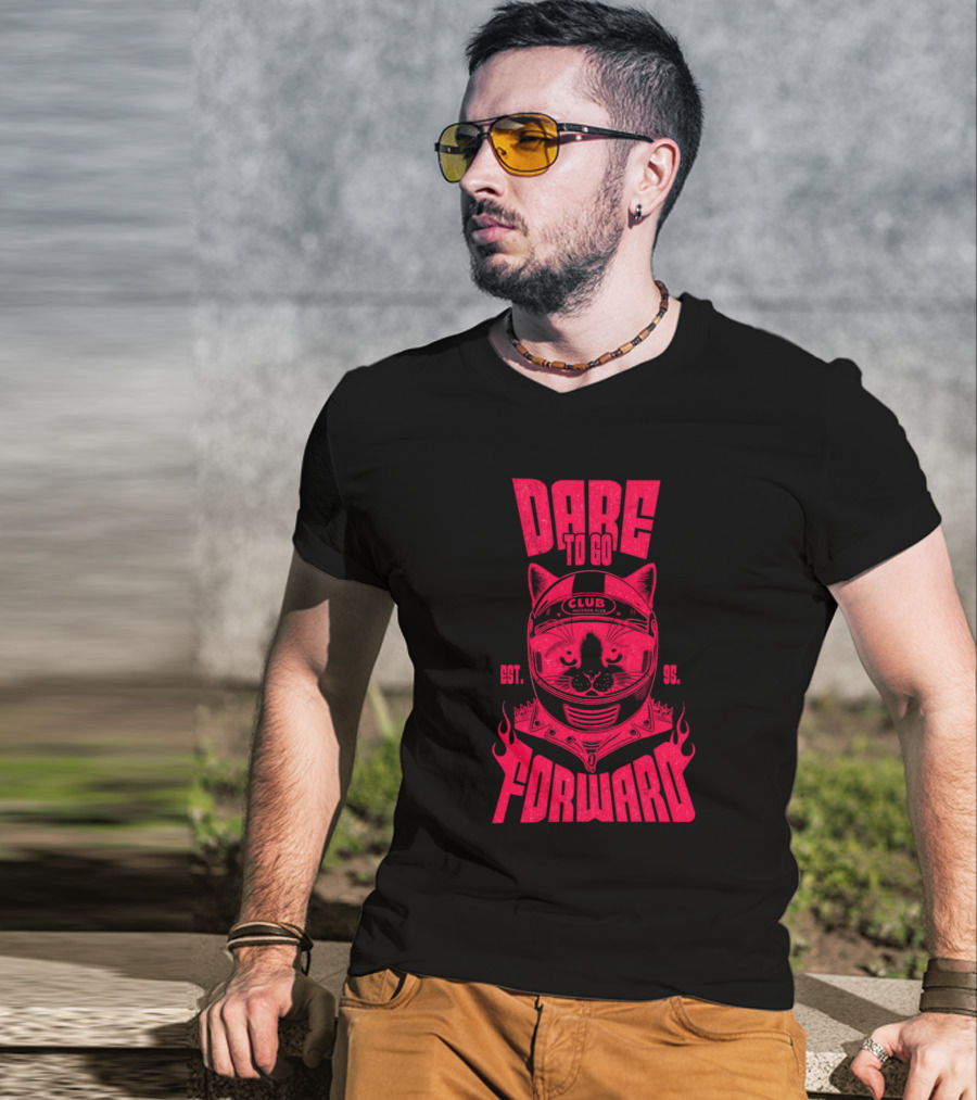 Dare To Go Forward Cat Club Est. 95 Helmet Flames T-Shirt