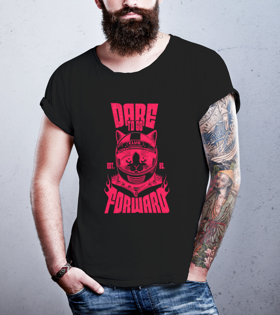 Dare To Go Forward Cat Club Est. 95 Helmet Flames T-Shirt