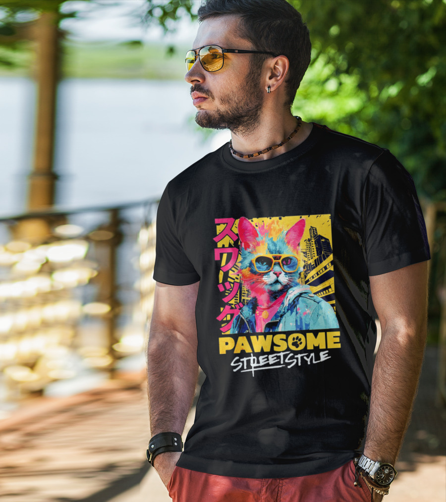 Pawsome Streetstyle Cat With Jacket And Sunglasses Urban Cityscape T-Shirt