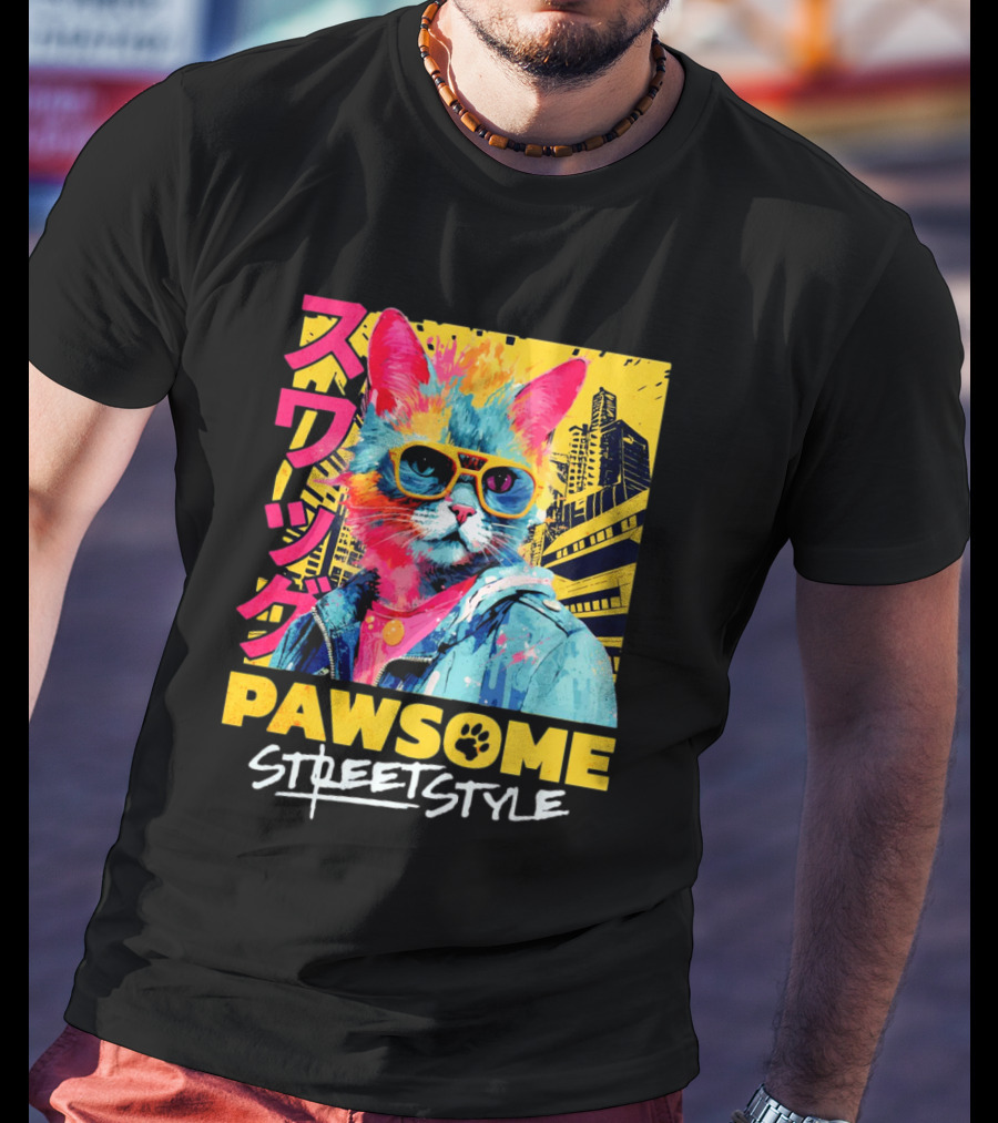 Pawsome Streetstyle Cat With Jacket And Sunglasses Urban Cityscape T-Shirt