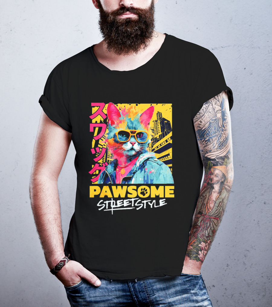 Pawsome Streetstyle Cat With Jacket And Sunglasses Urban Cityscape T-Shirt