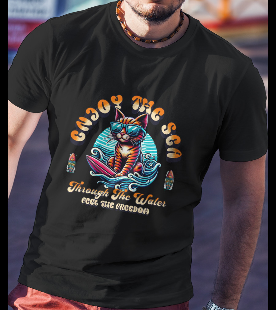 Enjoy The Sea Through The Water Feel The Freedom Retro Illustrative Surfing Cat T-Shirt