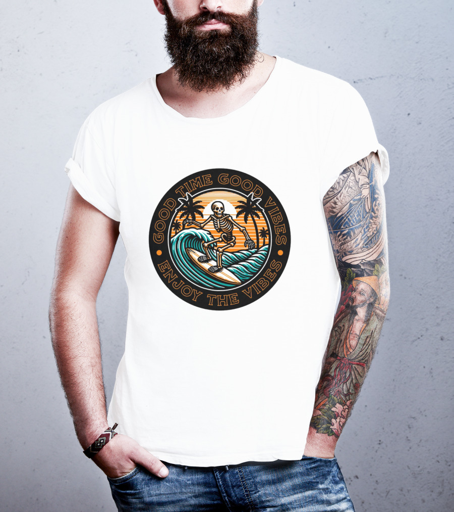 Good Time Good Vibes Enjoy The Vibes Surfer Skeleton Palm Trees Sunset Ocean Waves T-Shirt