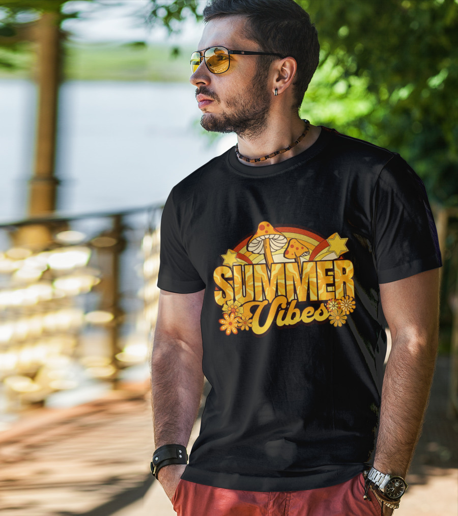 Summer Vibes Groovy Hippie Mushrooms And Flowers Retro Starburst T-Shirt