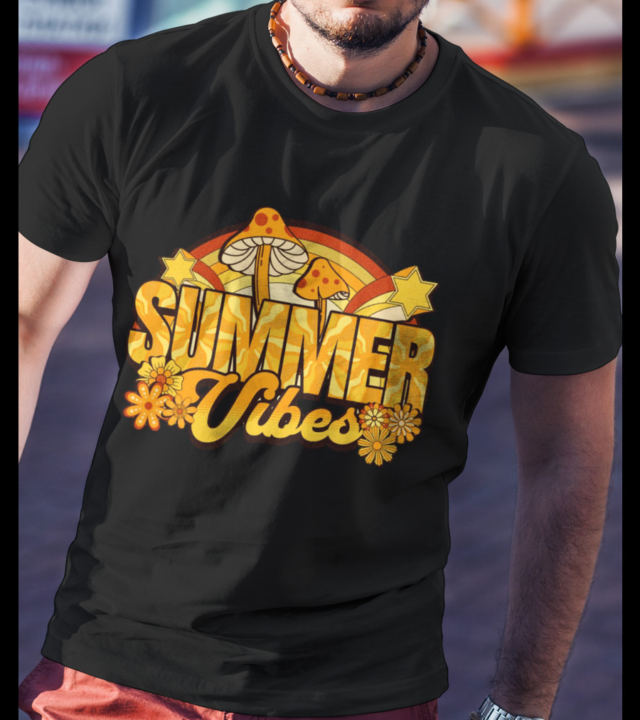 Summer Vibes Groovy Hippie Mushrooms And Flowers Retro Starburst T-Shirt