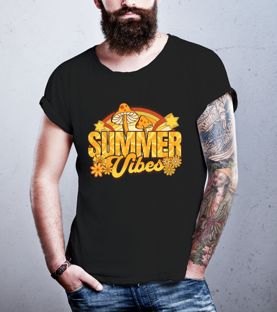 Summer Vibes Groovy Hippie Mushrooms And Flowers Retro Starburst T-Shirt