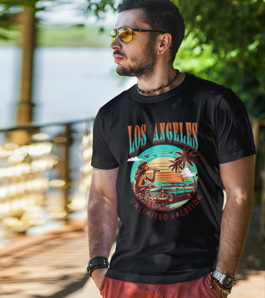 Los Angeles Unlimited Vacation Classic Car Palm Trees Sunset Vibes T-Shirt
