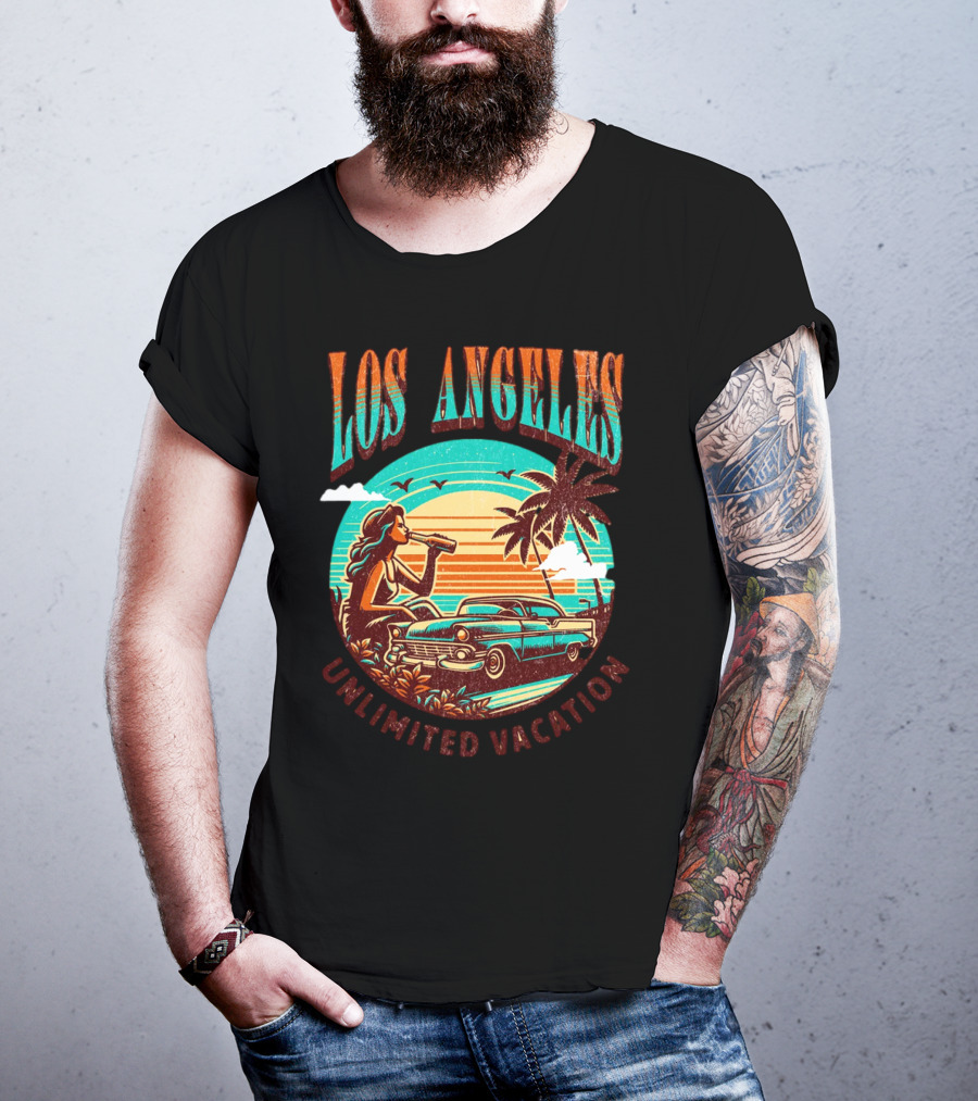 Los Angeles Unlimited Vacation Classic Car Palm Trees Sunset Vibes T-Shirt