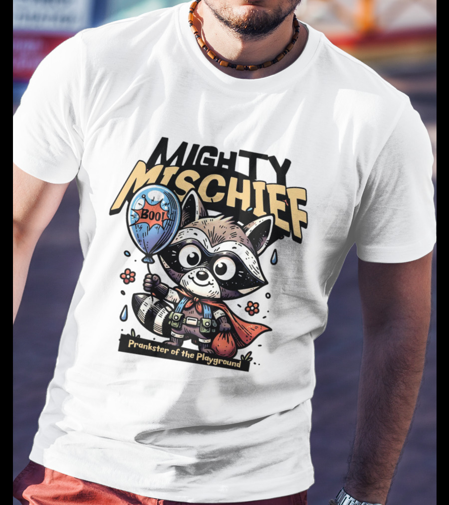 Mighty Mischief Raccoon With Boo Balloon Prankster Of The Playground T-Shirt