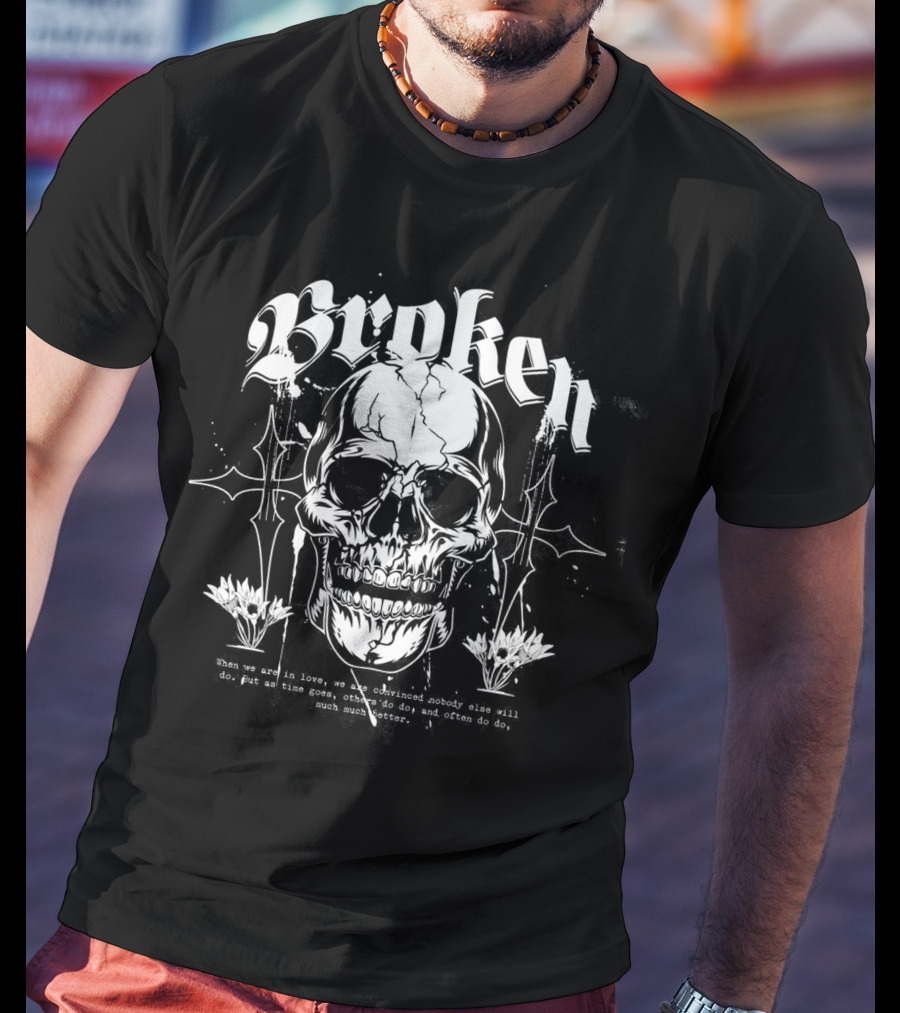 Broken Skull With Gothic Text And Crosses T-Shirt