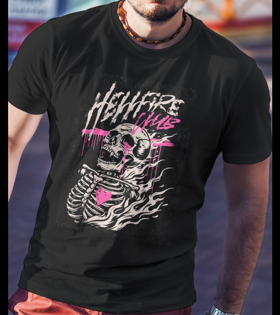 Hellfire Club Skeleton With Flames And Pink Heart Accents T-Shirt