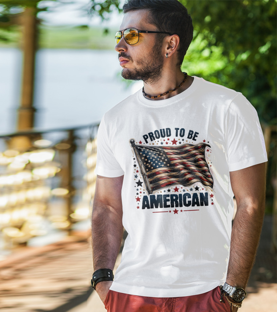 Proud To Be American Waving Stars And Stripes Surrounded By Red And Black Stars T-Shirt