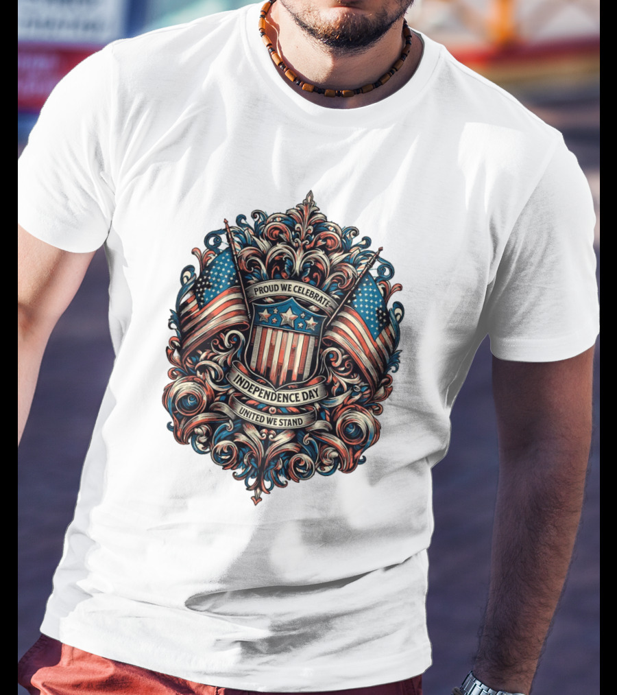 Proud We Celebrate Independence Day United We Stand American Flag Shield Ornamental T-Shirt