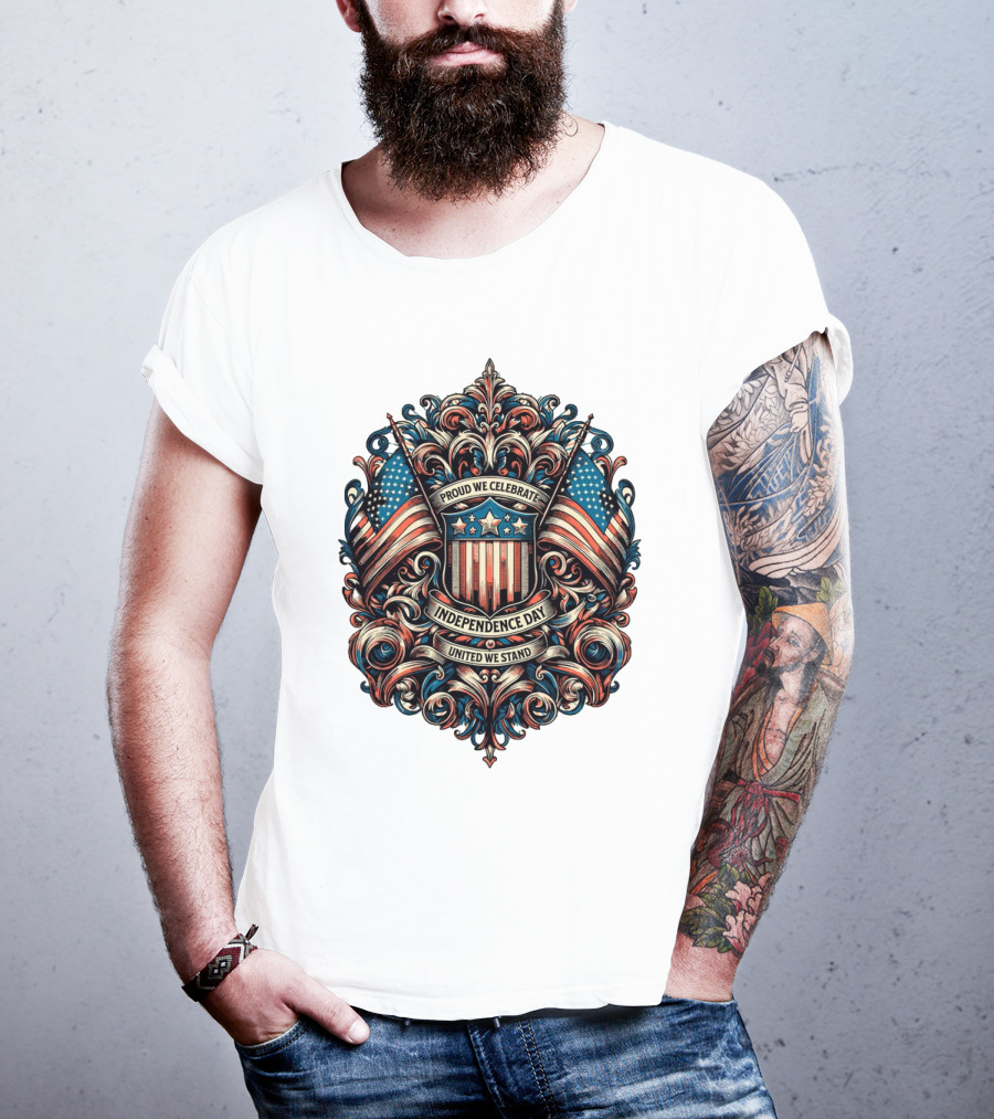 Proud We Celebrate Independence Day United We Stand American Flag Shield Ornamental T-Shirt