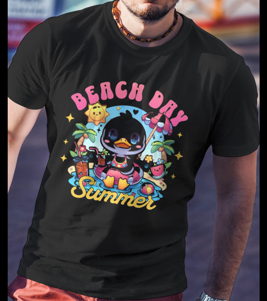 Beach Day Summer Happy Times Good Sunshine Duck In Pool With Palm Trees And Watermelon T-Shirt