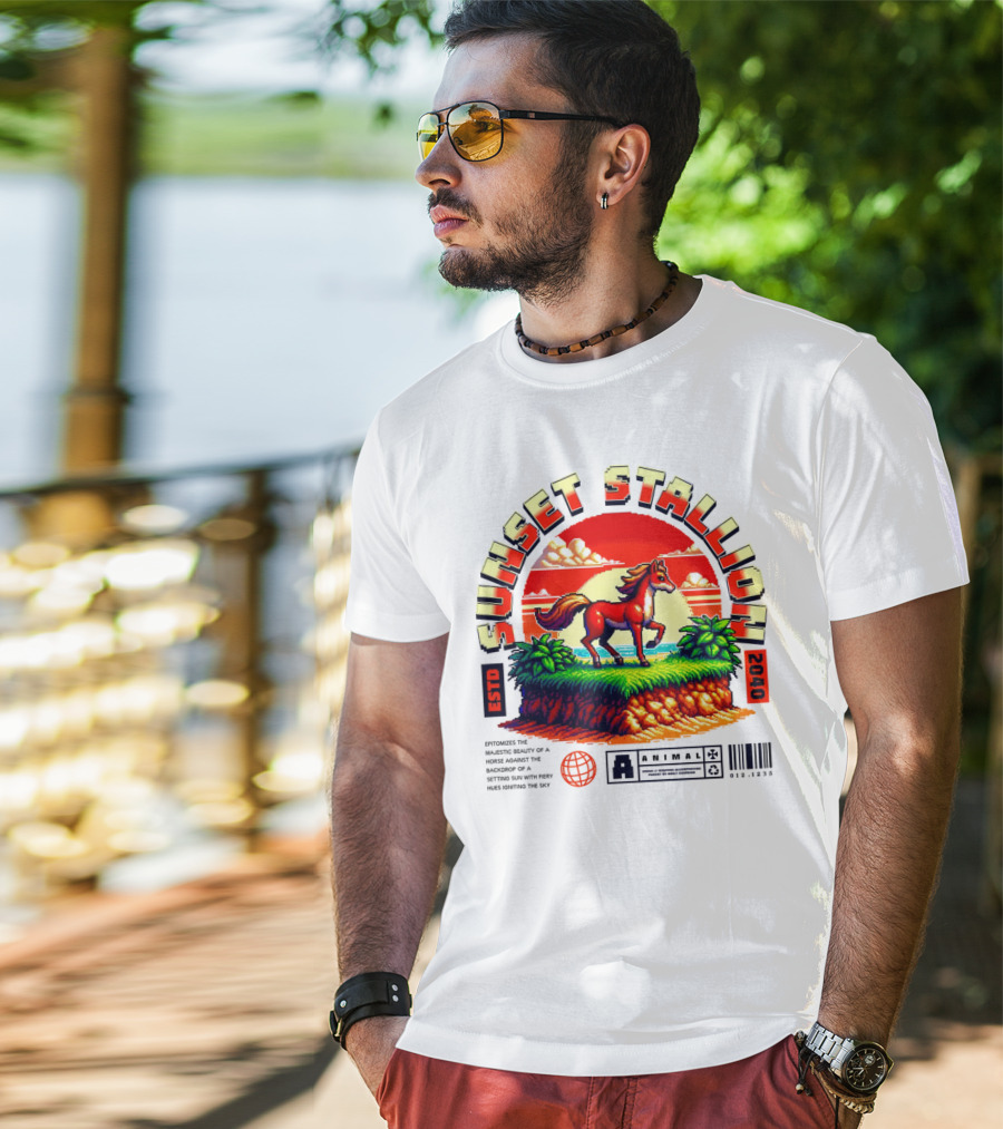 Sunset Stallion 2040 ESTO Animal Epic Epitome Horse Setting Sun Fiery Sky T-Shirt