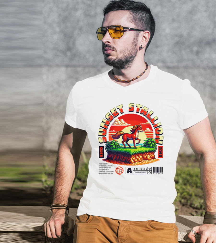 Sunset Stallion 2040 ESTO Animal Epic Epitome Horse Setting Sun Fiery Sky T-Shirt