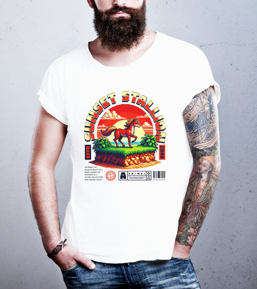 Sunset Stallion 2040 ESTO Animal Epic Epitome Horse Setting Sun Fiery Sky T-Shirt