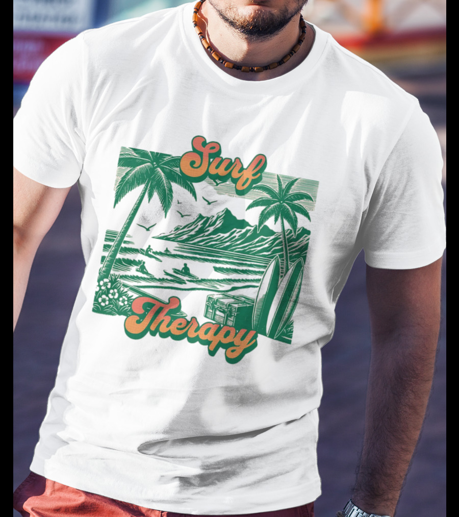 Surf Therapy Tropical Beach Scene With Palm Trees And Surfboards T-Shirt