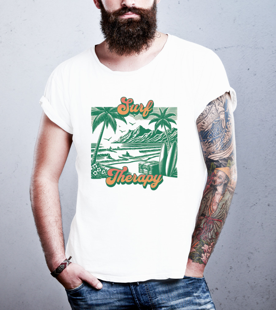 Surf Therapy Tropical Beach Scene With Palm Trees And Surfboards T-Shirt