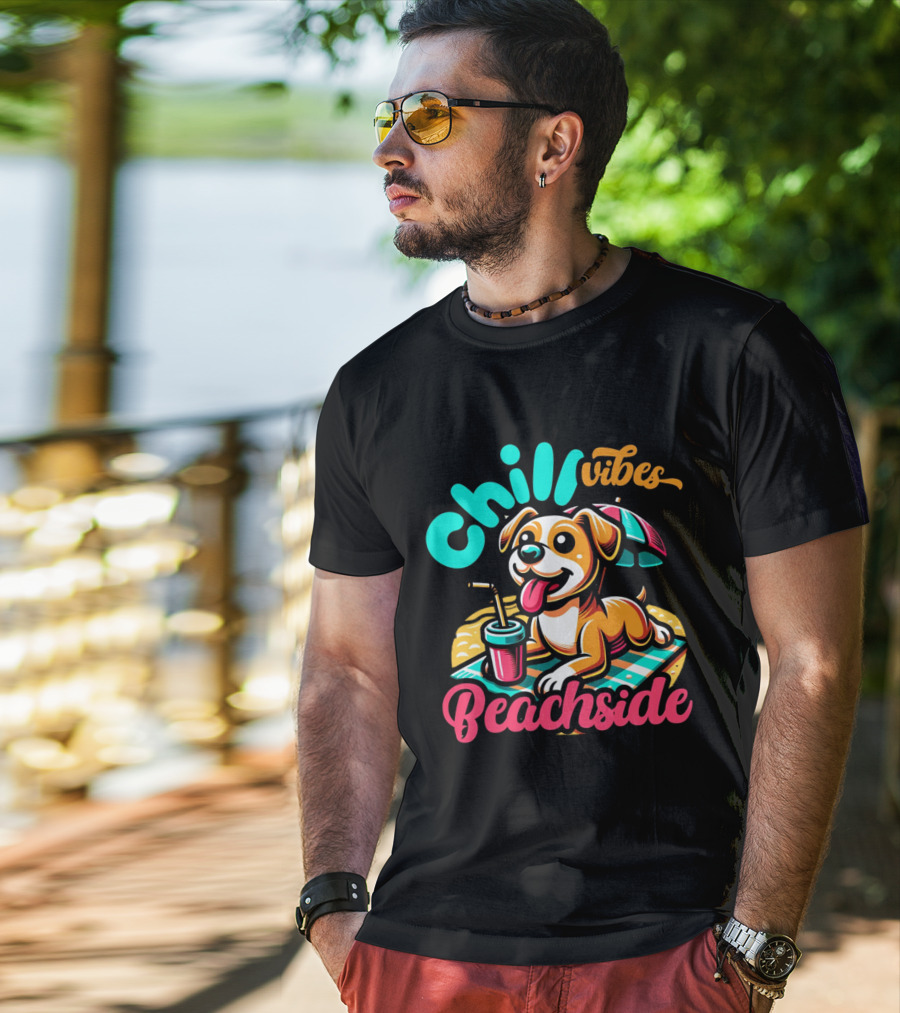 Chill Vibes Beachside Relaxing Dog With Umbrella And Drink T-Shirt
