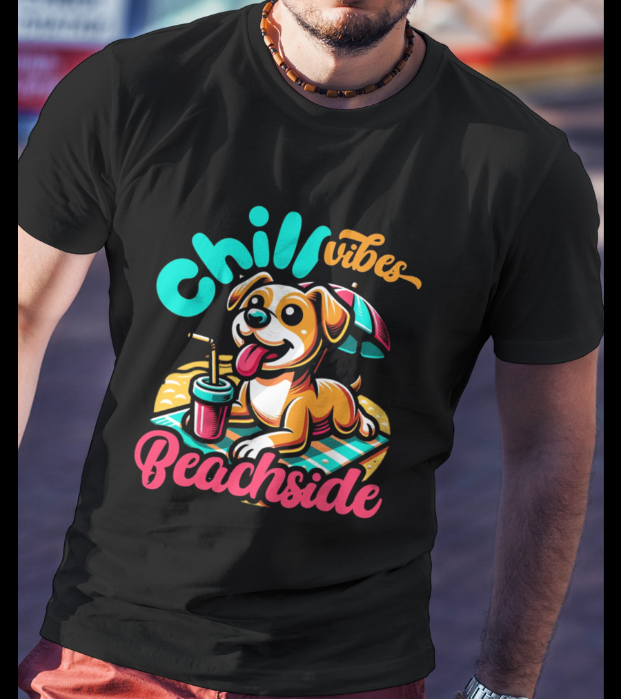 Chill Vibes Beachside Relaxing Dog With Umbrella And Drink T-Shirt