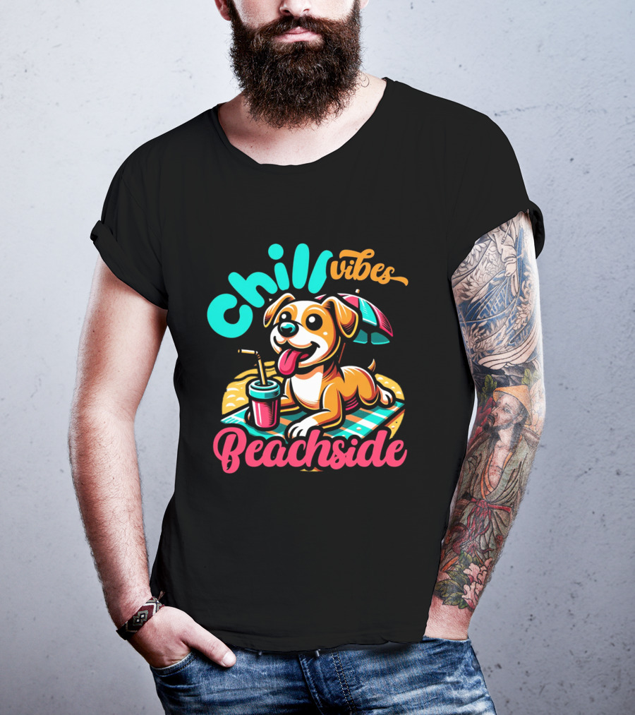 Chill Vibes Beachside Relaxing Dog With Umbrella And Drink T-Shirt