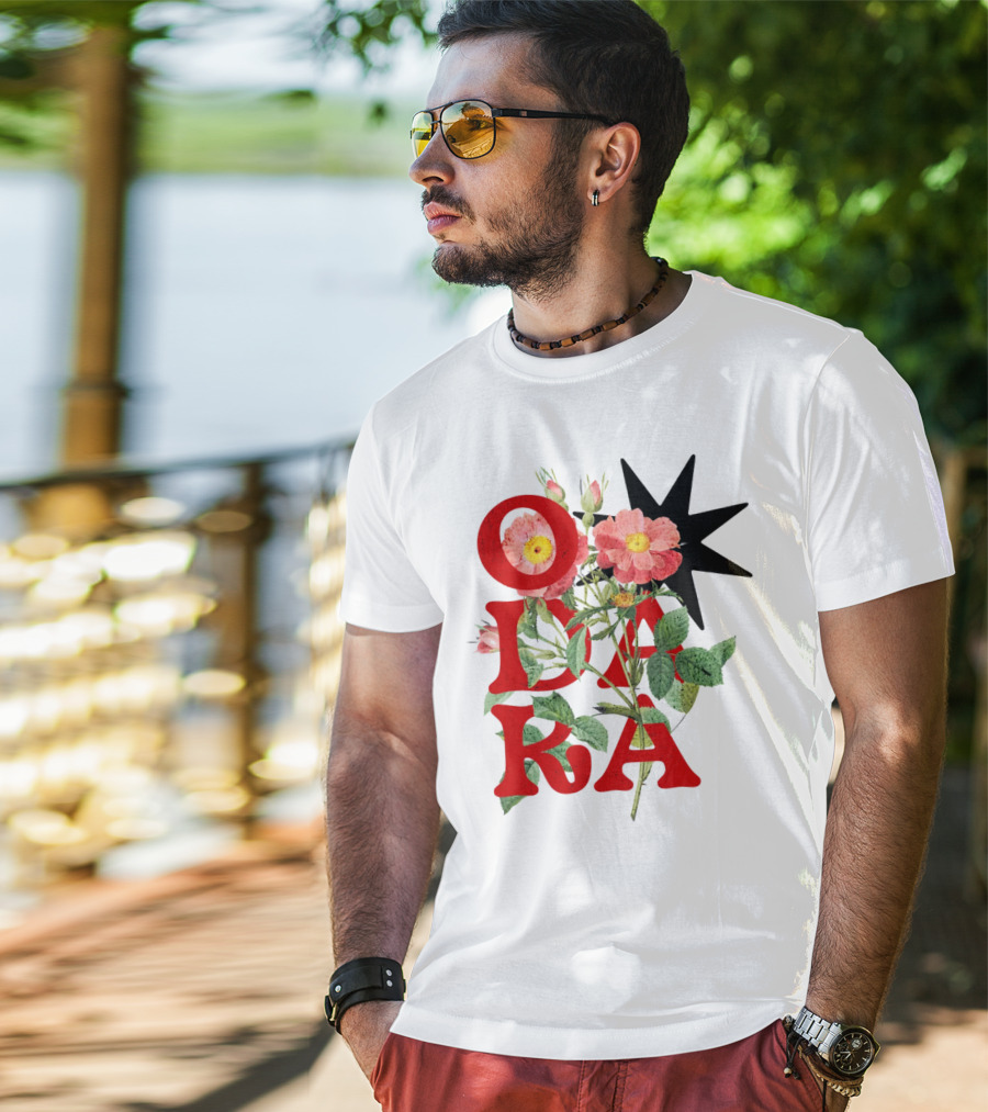 ODARA Bold Floral Art With Red Letters And Pink Flowers T-Shirt