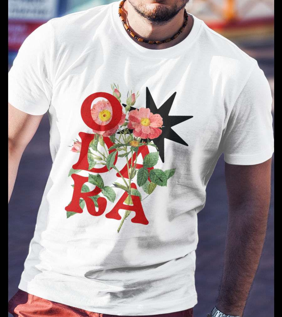 ODARA Bold Floral Art With Red Letters And Pink Flowers T-Shirt
